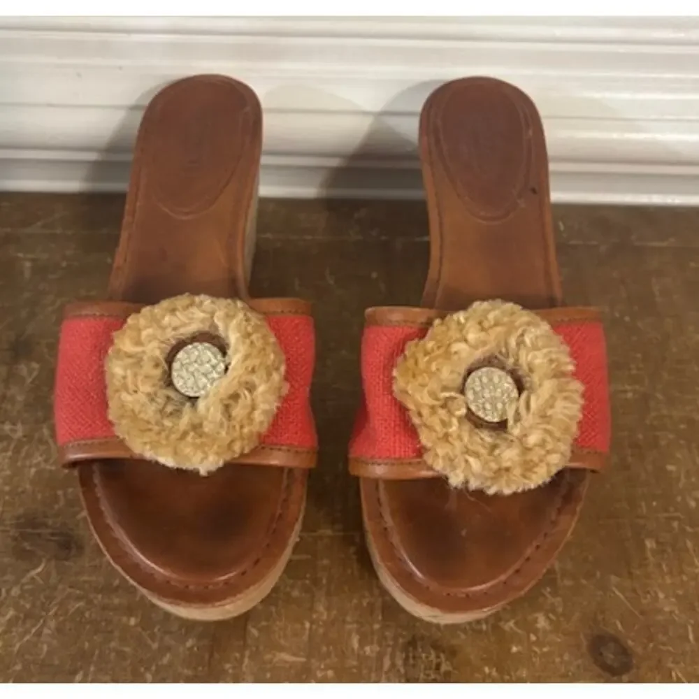 COACH JAZMIN PLATFORM WEDGE RED CANVAS Sandal Leather Size 6.5